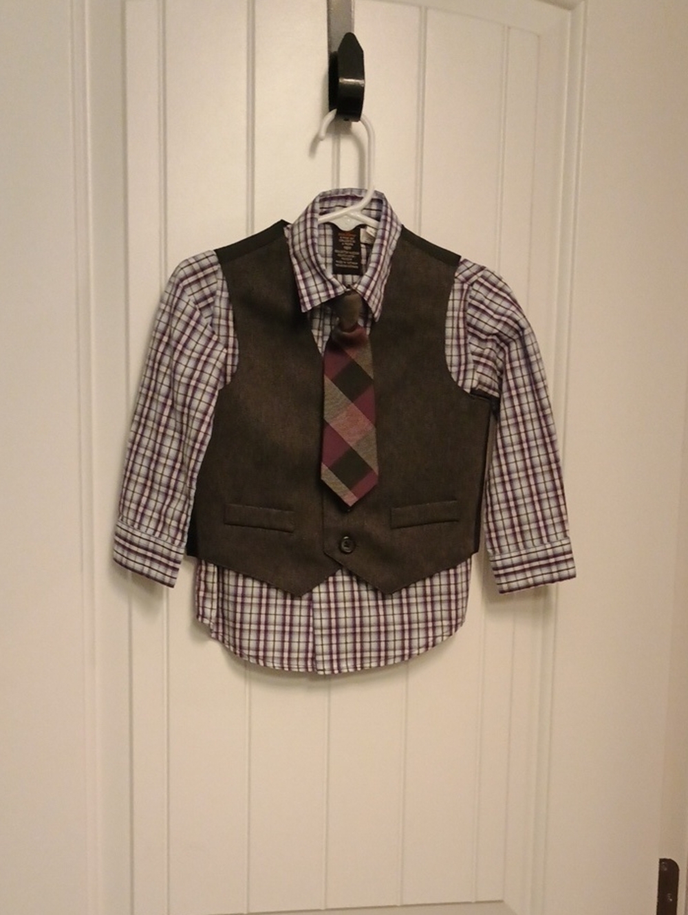 Kids Plaid Shirt, Vest & Tie Set - Brown Vest with Purple Plaid